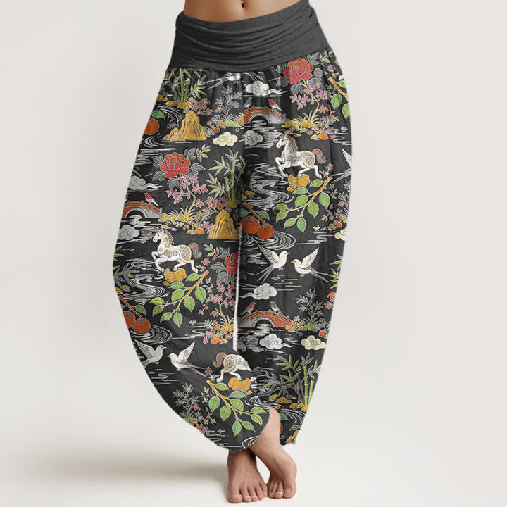 Buddha Stones Pantalones harem de mujer con cintura elástica y estampado floral de Cotton Horse Bird Landscape. - Gris oscuro - US16，UK/AU20，EU48 (3XL) - image 8