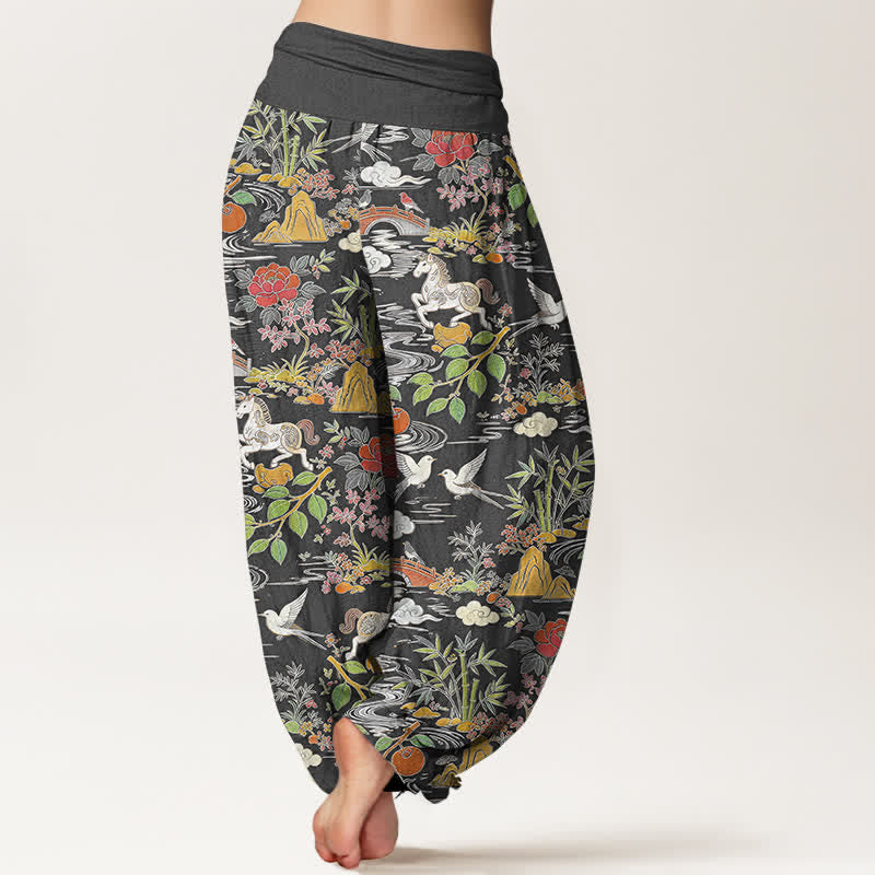 Buddha Stones Pantalones harem de mujer con cintura elástica y estampado floral de Cotton Horse Bird Landscape. - image 9