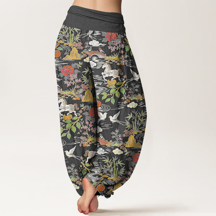Buddha Stones Pantalones harem de mujer con cintura elástica y estampado floral de Cotton Horse Bird Landscape. - image 9