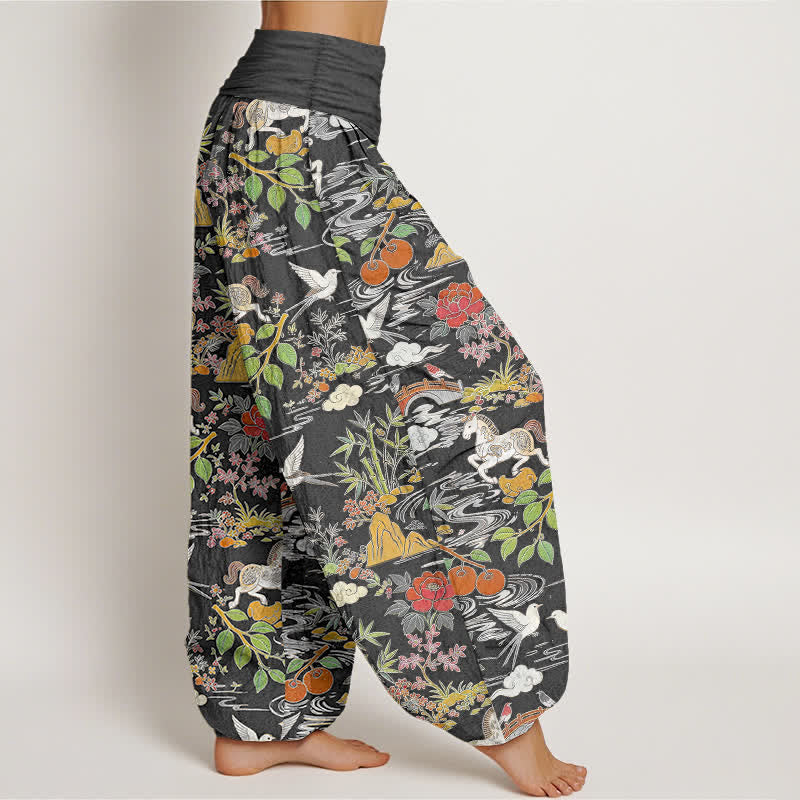 Buddha Stones Pantalones harem de mujer con cintura elástica y estampado floral de Cotton Horse Bird Landscape. - image 10