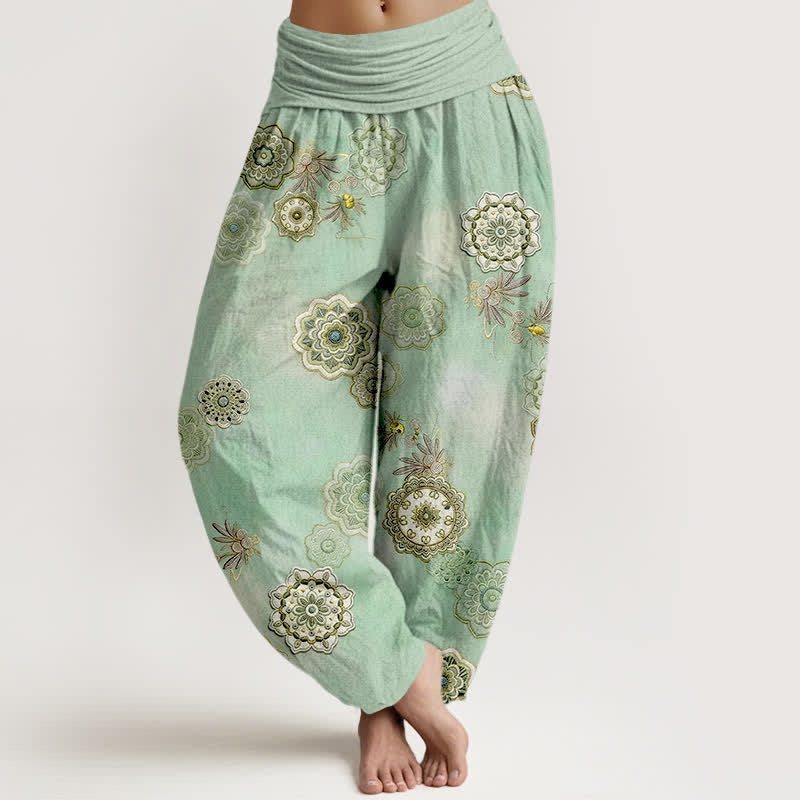 Buddha Stones Pantalones harem de mujer con cintura elástica y estampado floral de mandala de algodón puro para mujer. - Verde primavera medio - US16，UK/AU20，EU48 (3XL) - image 0