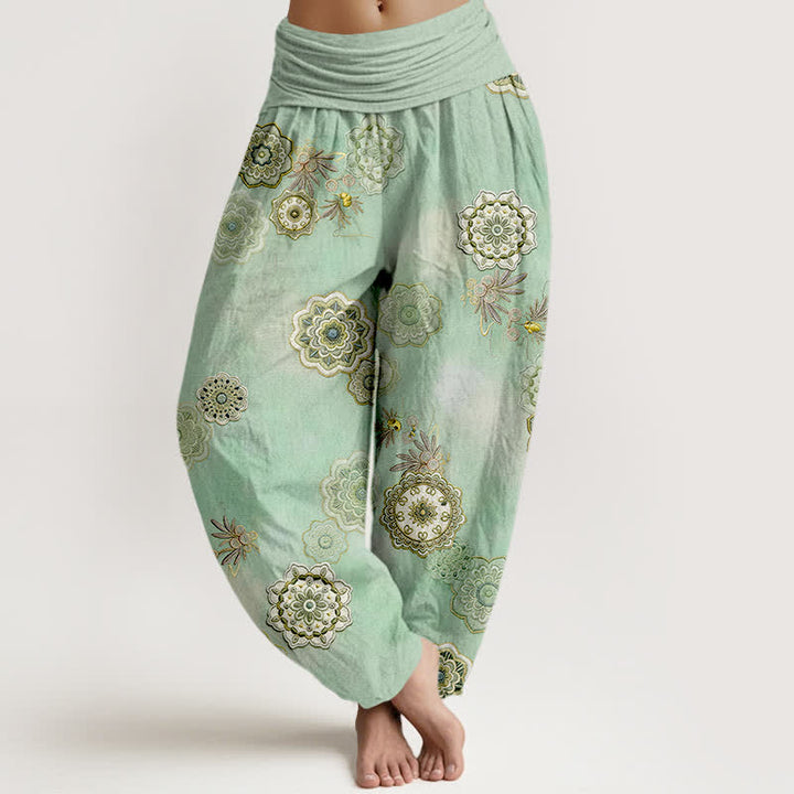 Buddha Stones Pantalones harem de mujer con cintura elástica y estampado floral de mandala de algodón puro para mujer. - Verde primavera medio - US16，UK/AU20，EU48 (3XL) - image 0