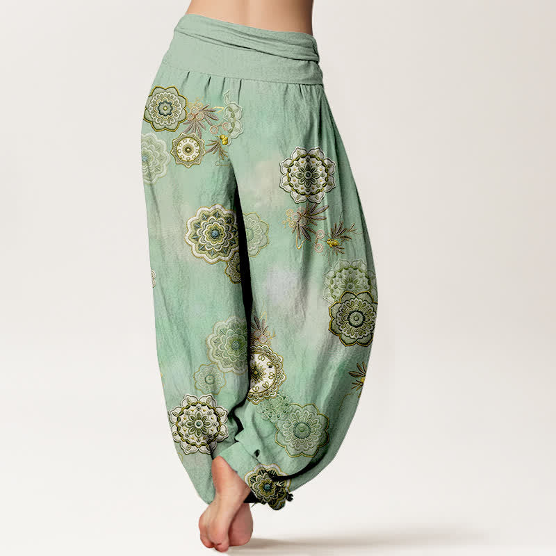 Buddha Stones Pantalones harem de mujer con cintura elástica y estampado floral de mandala de algodón puro para mujer. - image 1