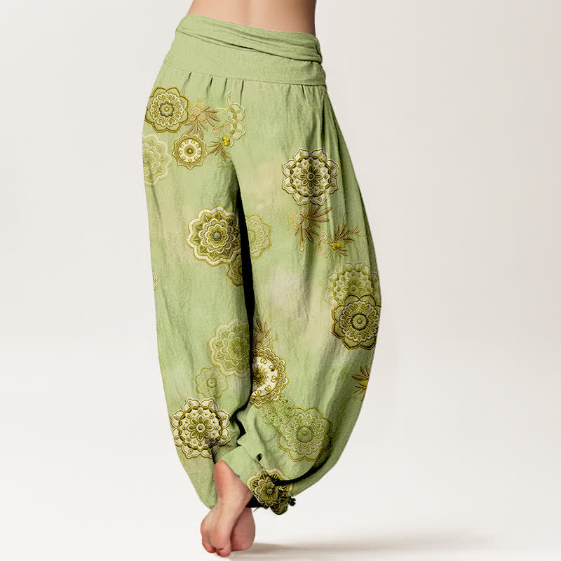 Buddha Stones Pantalones harem de mujer con cintura elástica y estampado floral de mandala de algodón puro para mujer. - image 6