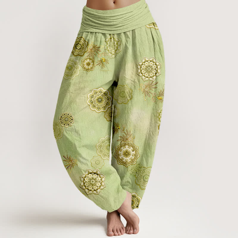 Buddha Stones Pantalones harem de mujer con cintura elástica y estampado floral de mandala de algodón puro para mujer. - VerdeAmarillo - US16，UK/AU20，EU48 (3XL) - image 5
