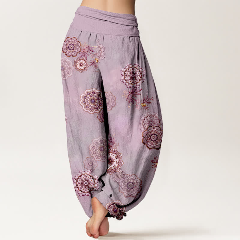 Buddha Stones Pantalones harem de mujer con cintura elástica y estampado floral de mandala de algodón puro para mujer. - image 9