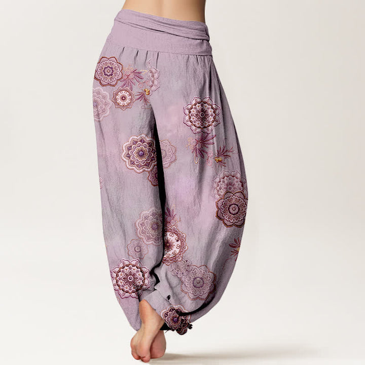 Buddha Stones Pantalones harem de mujer con cintura elástica y estampado floral de mandala de algodón puro para mujer. - image 9