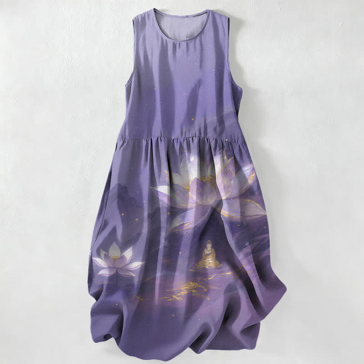 Buddha Stones Vestido midi de verano informal para mujer con estampado de Buda de loto y detalles dorados, sin mangas y con bolsillos. - Morado medio - US16，UK/AU20，EU48 (3XL) - image 0