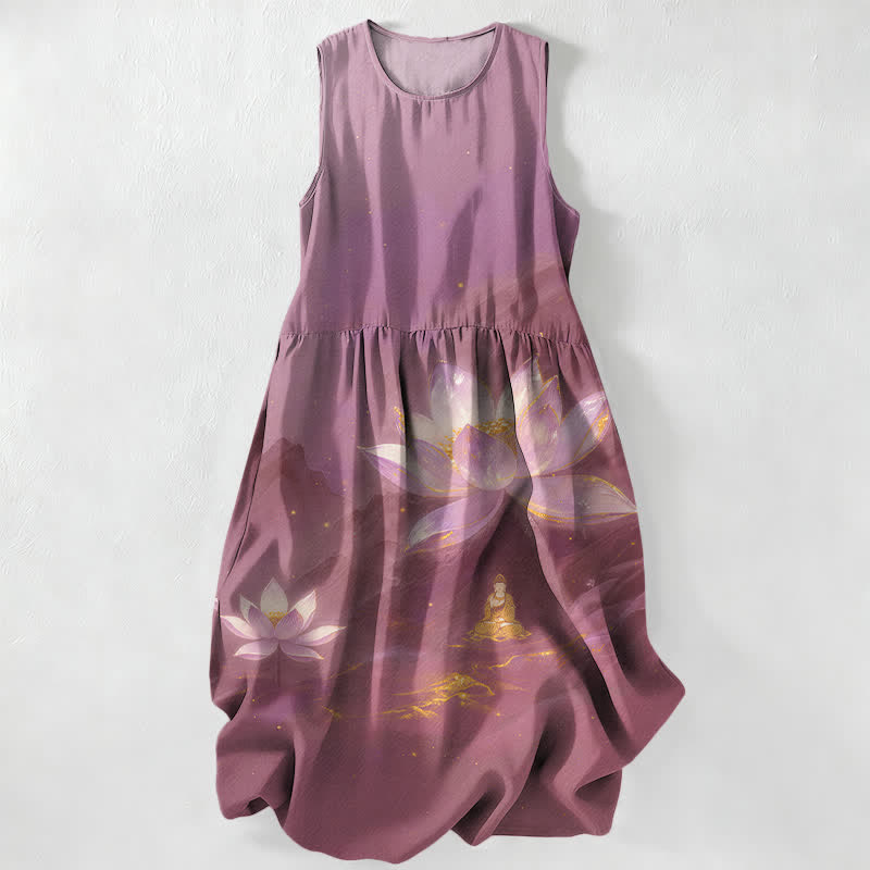 Buddha Stones Vestido midi de verano informal para mujer con estampado de Buda de loto y detalles dorados, sin mangas y con bolsillos. - Ciruela - US16，UK/AU20，EU48 (3XL) - image 4