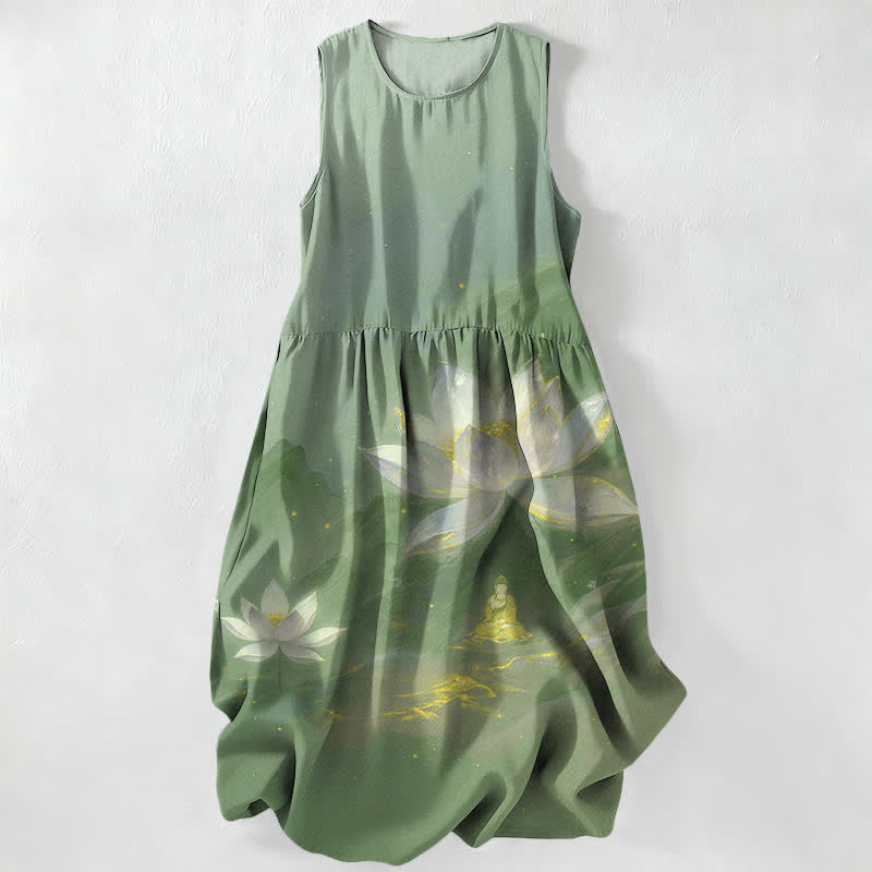 Buddha Stones Vestido midi de verano informal para mujer con estampado de Buda de loto y detalles dorados, sin mangas y con bolsillos. - Verde mar oscuro - US16，UK/AU20，EU48 (3XL) - image 5