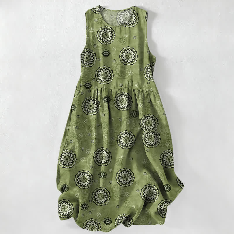 Buddha Stones Vestido midi de verano informal estilo bohemio con estampado de medallón de mandala para mujer, sin mangas y con bolsillos. - Verde oliva - US16，UK/AU20，EU48 (3XL) - image 4