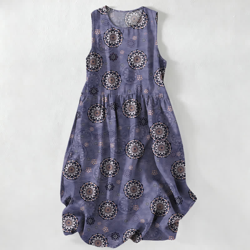 Buddha Stones Vestido midi de verano informal estilo bohemio con estampado de medallón de mandala para mujer, sin mangas y con bolsillos. - Morado medio - US16，UK/AU20，EU48 (3XL) - image 5