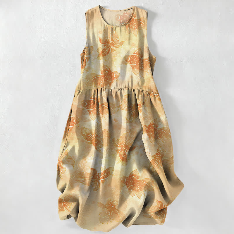 Buddha Stones Vestido midi de verano informal para mujer con estampado de peces koi y mangas largas, sin mangas y con bolsillos. - Trigo - US16，UK/AU20，EU48 (3XL) - image 4