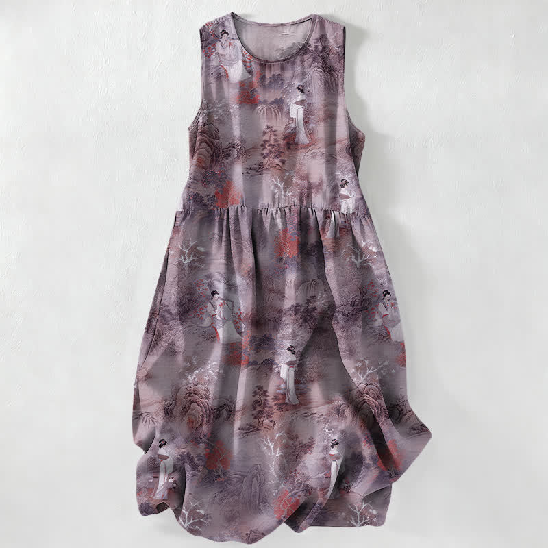 Buddha Stones Vestido midi de verano informal para mujer con estampado de paisaje oriental y bolsillos. - Cardo - US16，UK/AU20，EU48 (3XL) - image 4