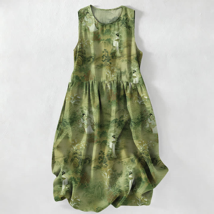 Buddha Stones Vestido midi de verano informal para mujer con estampado de paisaje oriental y bolsillos. - Verde oliva - US16，UK/AU20，EU48 (3XL) - image 5