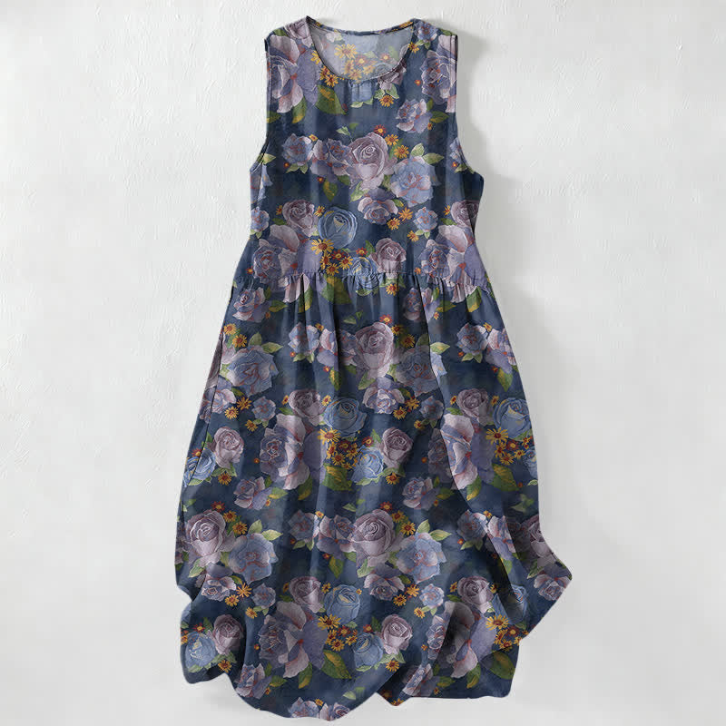 Buddha Stones Vestido midi de verano informal vintage con estampado de rosas y bolsillos para mujer. - Marina de guerra - US16，UK/AU20，EU48 (3XL) - image 0