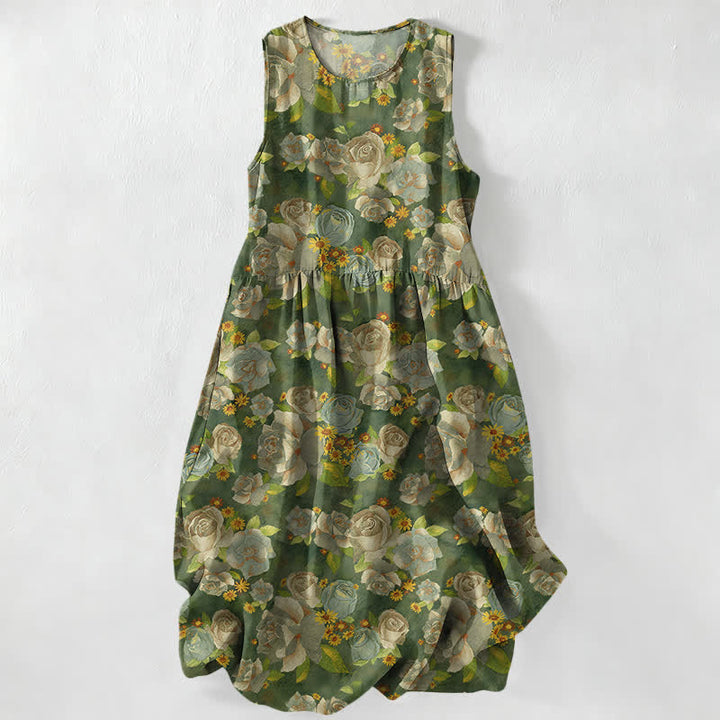 Buddha Stones Vestido midi de verano informal vintage con estampado de rosas y bolsillos para mujer. - Aceituna - US16，UK/AU20，EU48 (3XL) - image 4