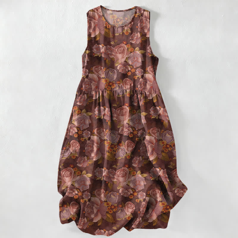 Buddha Stones Vestido midi de verano informal vintage con estampado de rosas y bolsillos para mujer. - Tierra de siena - US16，UK/AU20，EU48 (3XL) - image 5