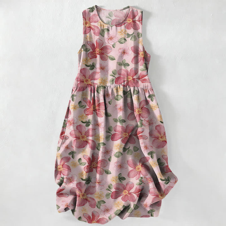 Buddha Stones Vestido midi de verano informal para mujer con estampado de pétalos y hojas grandes y bolsillos. - rosa claro - US16，UK/AU20，EU48 (3XL) - image 0