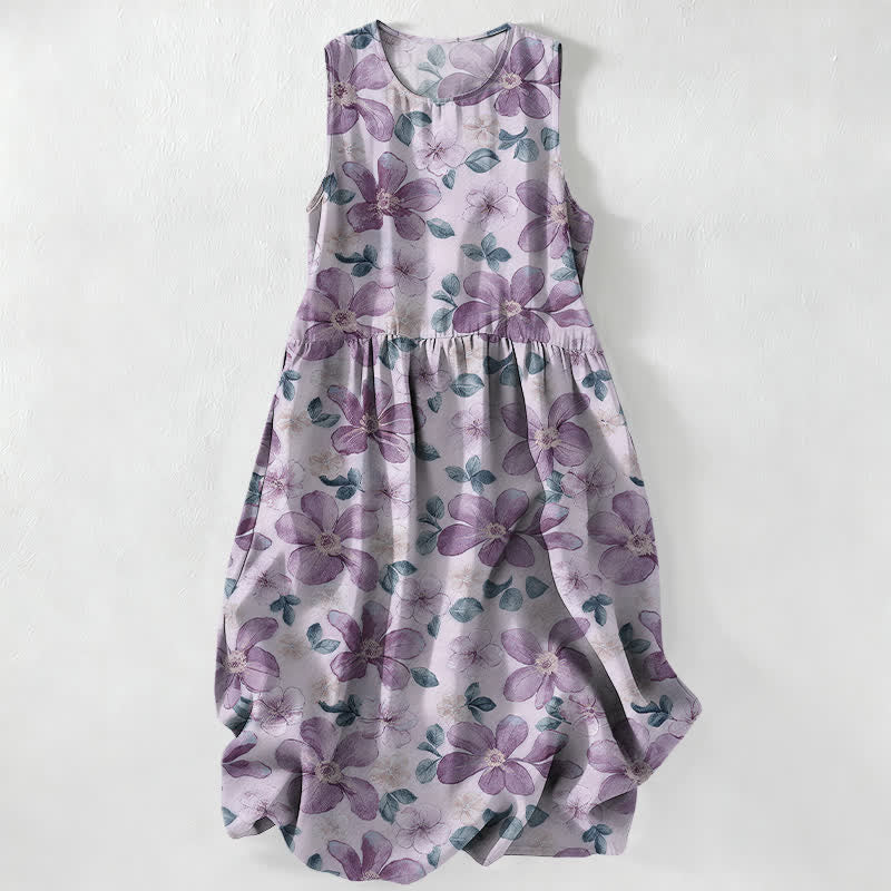 Buddha Stones Vestido midi de verano informal para mujer con estampado de pétalos y hojas grandes y bolsillos. - Lavanda - US16，UK/AU20，EU48 (3XL) - image 4