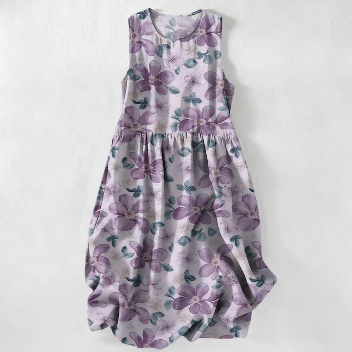 Buddha Stones Vestido midi de verano informal para mujer con estampado de pétalos y hojas grandes y bolsillos. - Lavanda - US16，UK/AU20，EU48 (3XL) - image 4