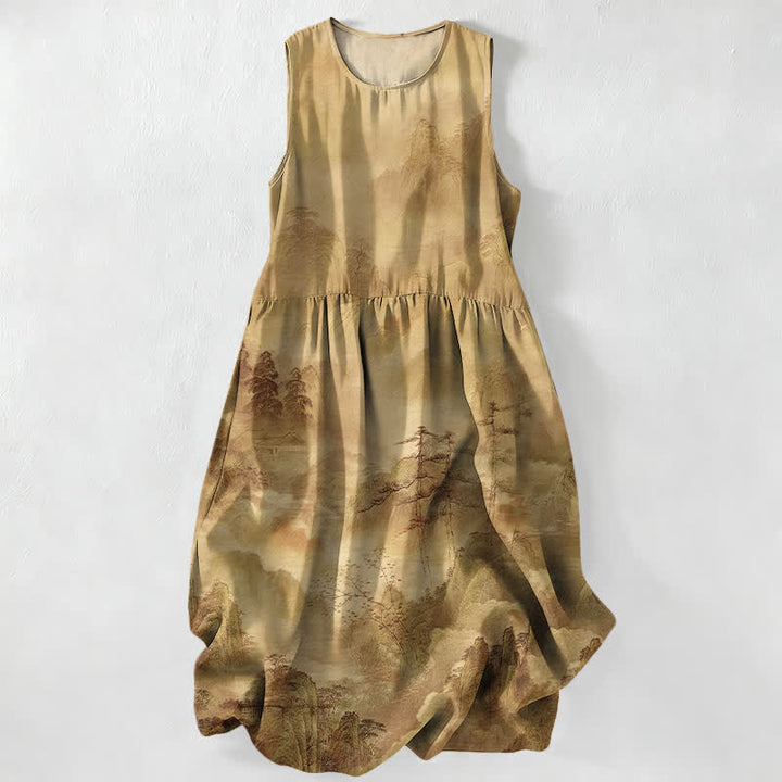 Buddha Stones Vestido midi de verano informal para mujer con estampado de paisaje en tinta y bolsillos. - BurlyWood - US16，UK/AU20，EU48 (3XL) - image 4