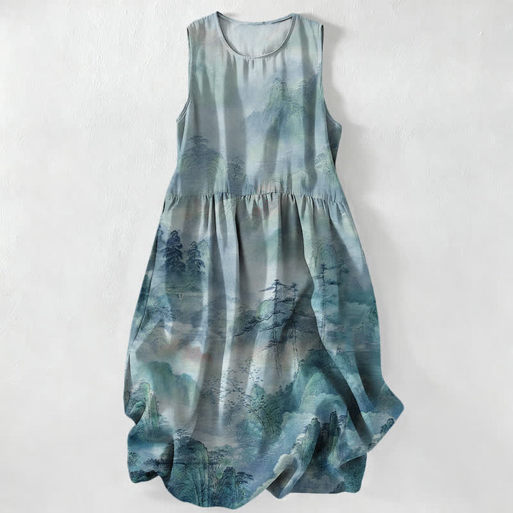 Buddha Stones Vestido midi de verano informal para mujer con estampado de paisaje en tinta y bolsillos. - Turquesa - US16，UK/AU20，EU48 (3XL) - image 5