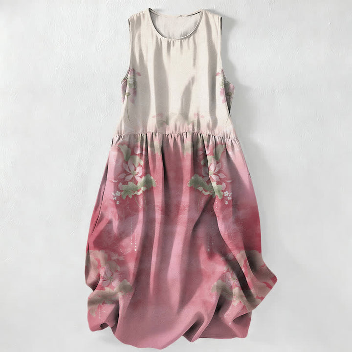 Buddha Stones Vestido midi de verano informal para mujer con estampado floral degradado y hojas, sin mangas y con bolsillos. - rosa claro - US16，UK/AU20，EU48 (3XL) - image 0