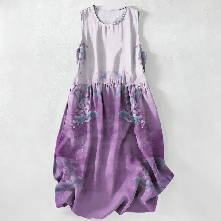Buddha Stones Vestido midi de verano informal para mujer con estampado floral degradado y hojas, sin mangas y con bolsillos. - Lavanda - US16，UK/AU20，EU48 (3XL) - image 4