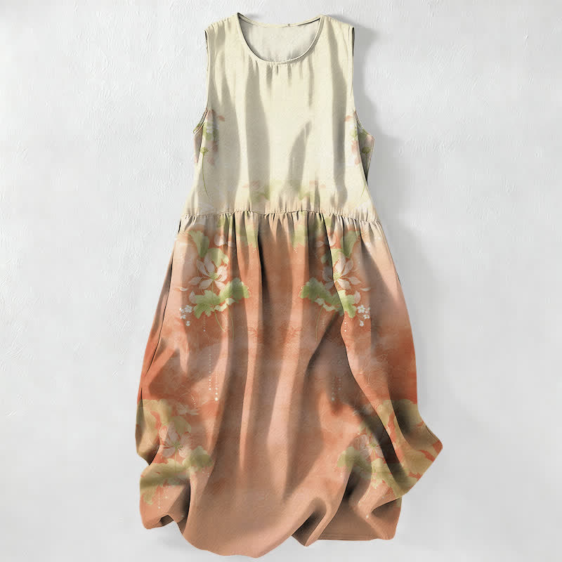 Buddha Stones Vestido midi de verano informal para mujer con estampado floral degradado y hojas, sin mangas y con bolsillos. - PeachPuff - US16，UK/AU20，EU48 (3XL) - image 5