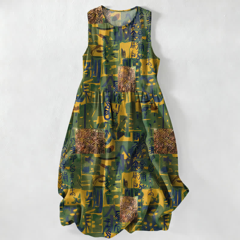 Buddha Stones Vestido midi de verano informal para mujer con estampado geométrico abstracto tipo patchwork y bolsillos. - Aceituna - US16，UK/AU20，EU48 (3XL) - image 0