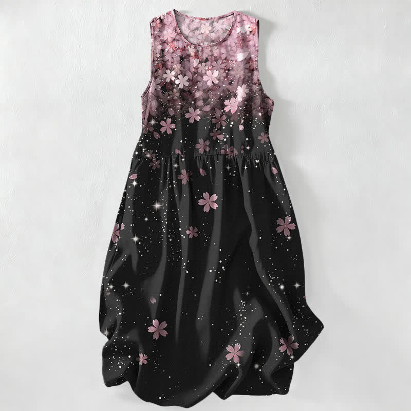 Buddha Stones Vestido midi de verano informal para mujer con estampado de flores de cerezo y efecto estrellado, sin mangas y con bolsillos. - Rojo violeta pálido - US16，UK/AU20，EU48 (3XL) - image 0