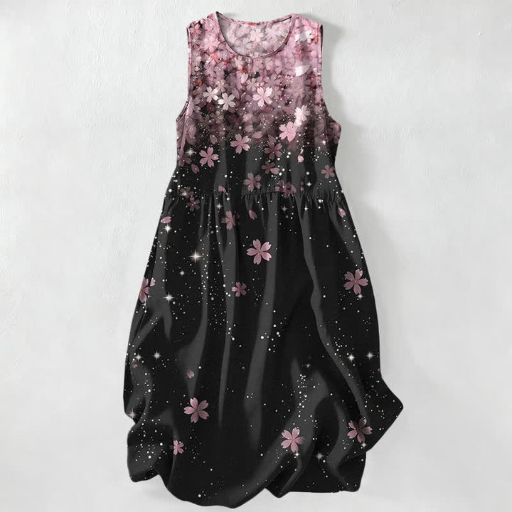 Buddha Stones Vestido midi de verano informal para mujer con estampado de flores de cerezo y efecto estrellado, sin mangas y con bolsillos. - Rojo violeta pálido - US16，UK/AU20，EU48 (3XL) - image 0