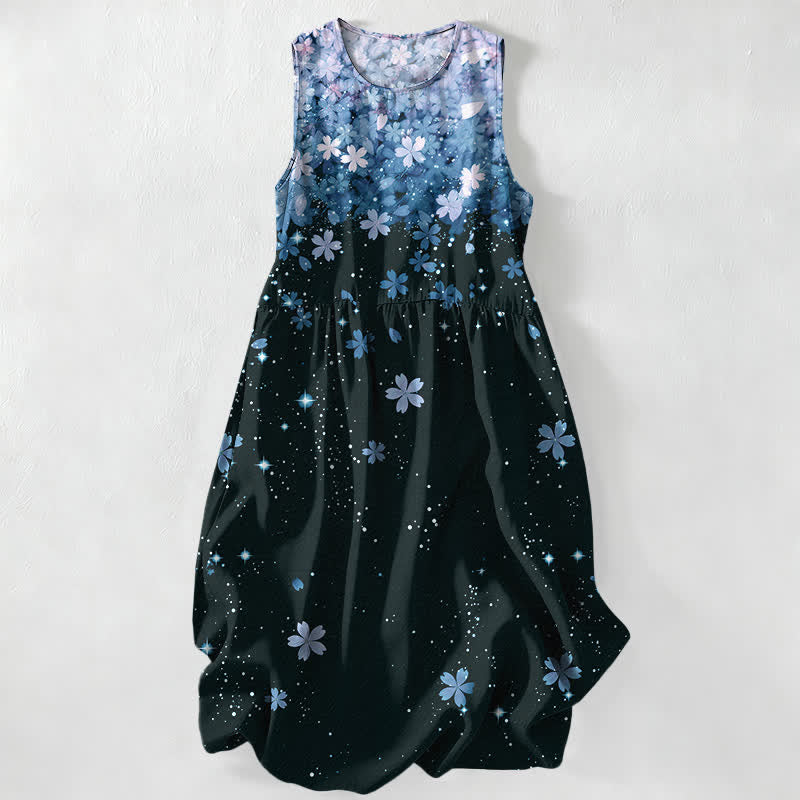 Buddha Stones Vestido midi de verano informal para mujer con estampado de flores de cerezo y efecto estrellado, sin mangas y con bolsillos. - Azul cielo claro - US16，UK/AU20，EU48 (3XL) - image 4