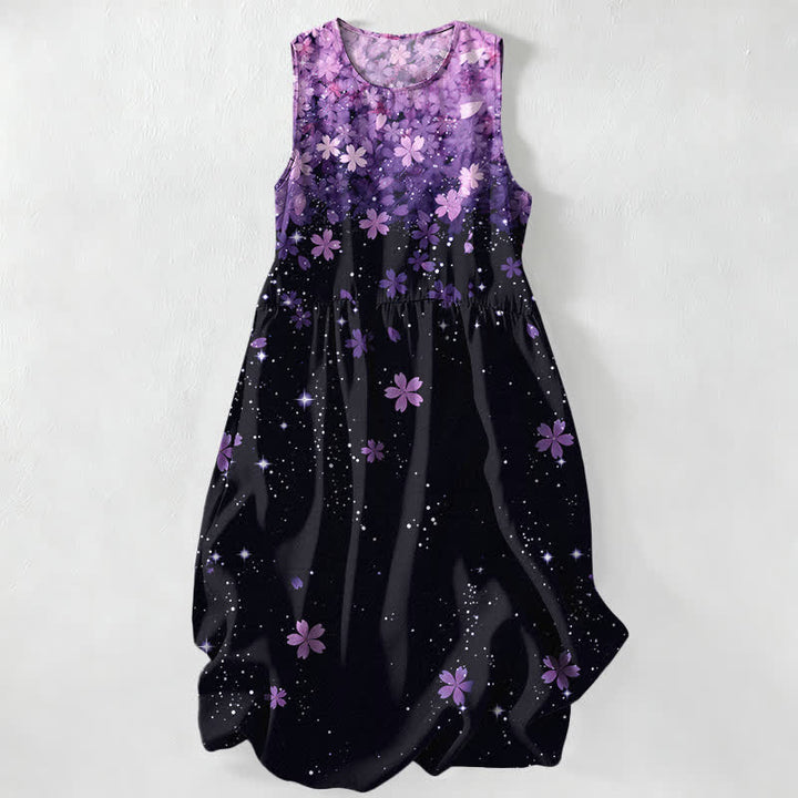 Buddha Stones Vestido midi de verano informal para mujer con estampado de flores de cerezo y efecto estrellado, sin mangas y con bolsillos. - Orquídea - US16，UK/AU20，EU48 (3XL) - image 5