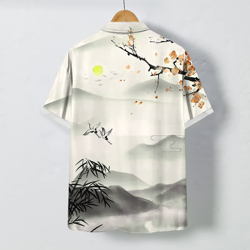 Buddha Stones Camisa de manga corta para hombre, transpirable, con estampado de paisaje de tinta, grulla, bambú y flor de ciruelo, botones y resistente a las arrugas. - image 4