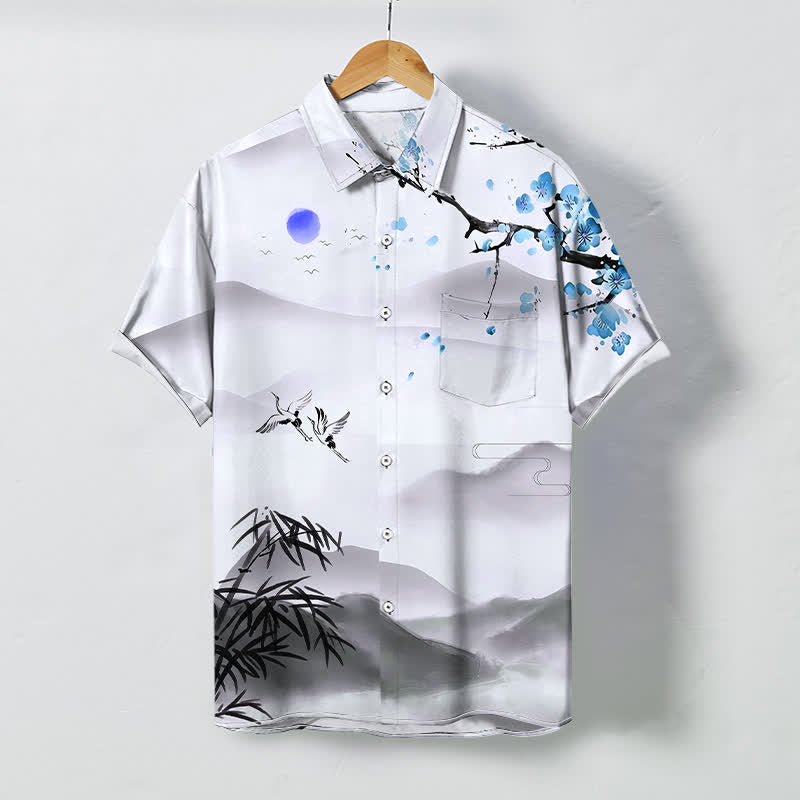 Buddha Stones Camisa de manga corta para hombre, transpirable, con estampado de paisaje de tinta, grulla, bambú y flor de ciruelo, botones y resistente a las arrugas. - AliciaAzul - US/UK/AU48, UE58 (4XL) - image 6