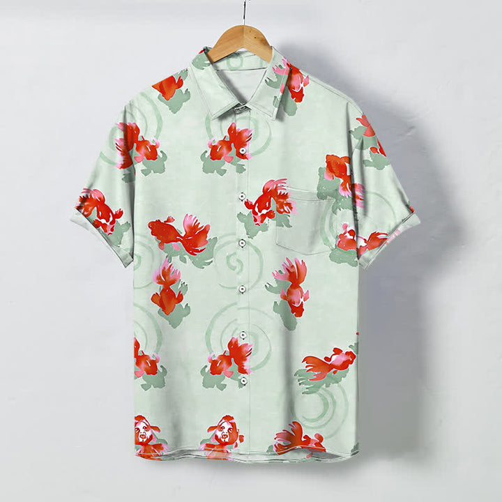 Buddha Stones Camisa de manga corta para hombre con botones y estampado de ondas de peces koi rojos, resistente a las arrugas. - Crema de menta - US/UK/AU48, UE58 (4XL) - image 3