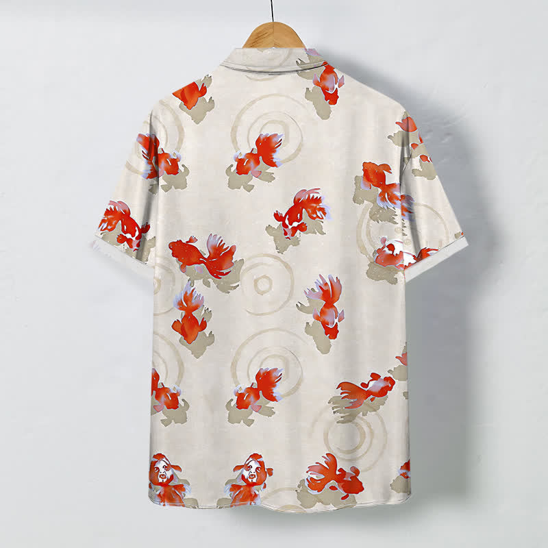 Buddha Stones Camisa de manga corta para hombre con botones y estampado de ondas de peces koi rojos, resistente a las arrugas. - image 7