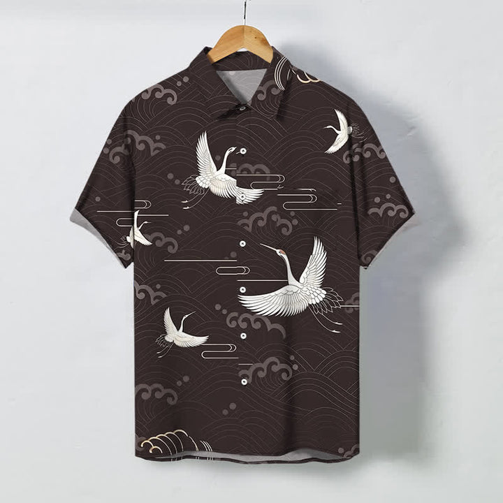 Buddha Stones Camisa transpirable de manga corta para hombre con botones y estampado de nubes y grullas. - Marrón silla de montar - US/UK/AU48, UE58 (4XL) - image 0