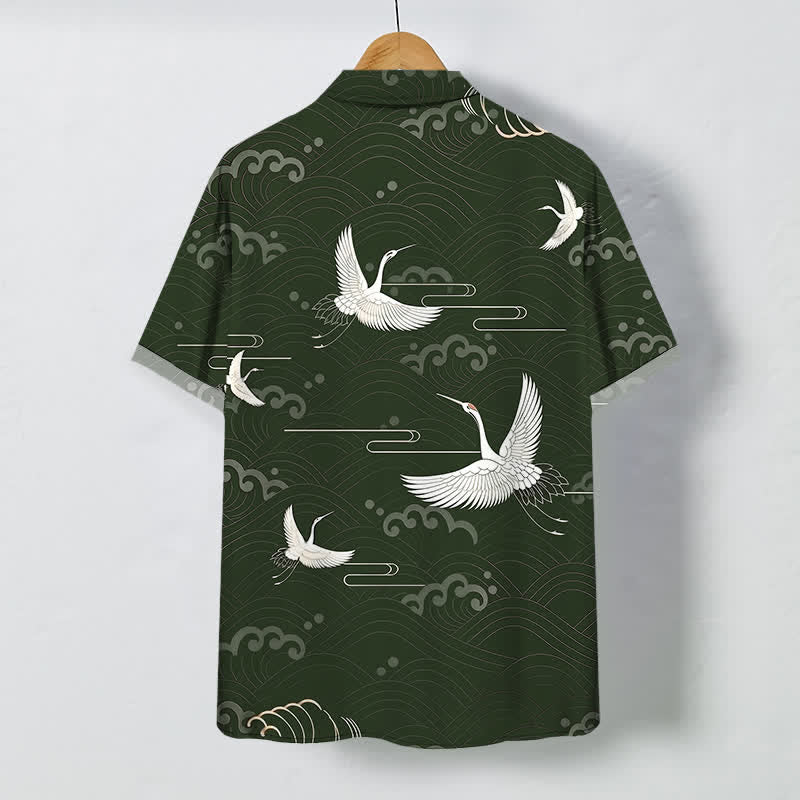 Buddha Stones Camisa transpirable de manga corta para hombre con botones y estampado de nubes y grullas. - image 6