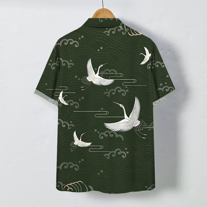Buddha Stones Camisa transpirable de manga corta para hombre con botones y estampado de nubes y grullas. - image 6