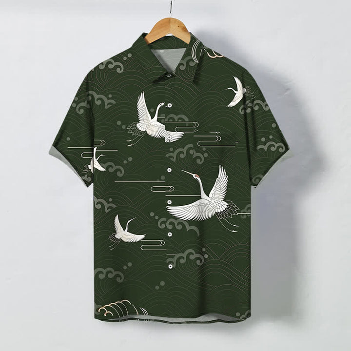 Buddha Stones Camisa transpirable de manga corta para hombre con botones y estampado de nubes y grullas. - Verde oscuro - US/UK/AU48, UE58 (4XL) - image 5