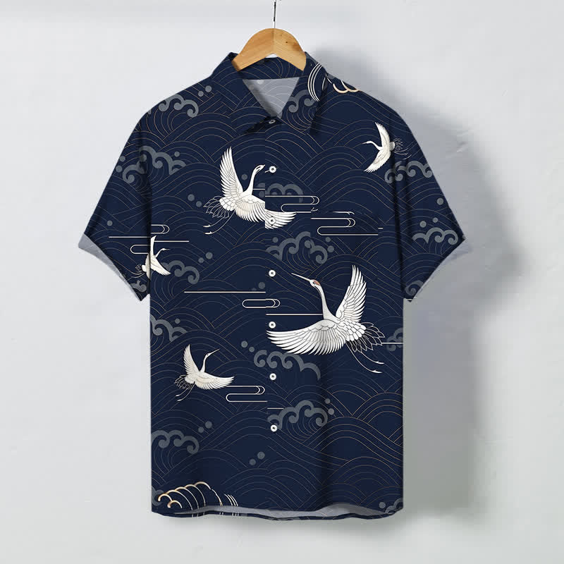 Buddha Stones Camisa transpirable de manga corta para hombre con botones y estampado de nubes y grullas. - Marina de guerra - US/UK/AU48, UE58 (4XL) - image 10