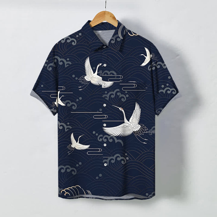 Buddha Stones Camisa transpirable de manga corta para hombre con botones y estampado de nubes y grullas. - Marina de guerra - US/UK/AU48, UE58 (4XL) - image 10