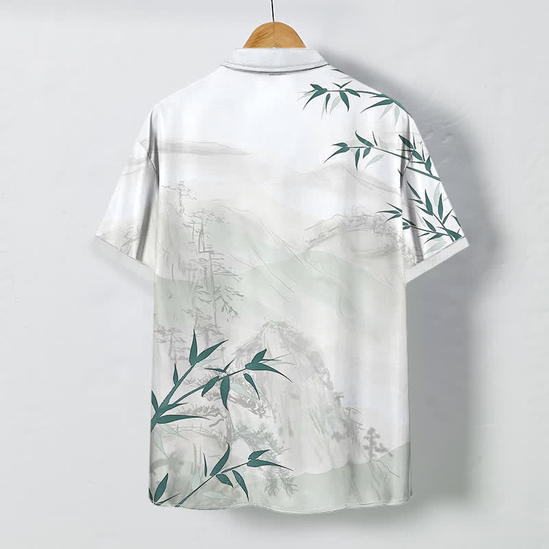 Buddha Stones Camisa transpirable de manga corta para hombre con botones y estampado de bambú y paisaje de tinta - image 1