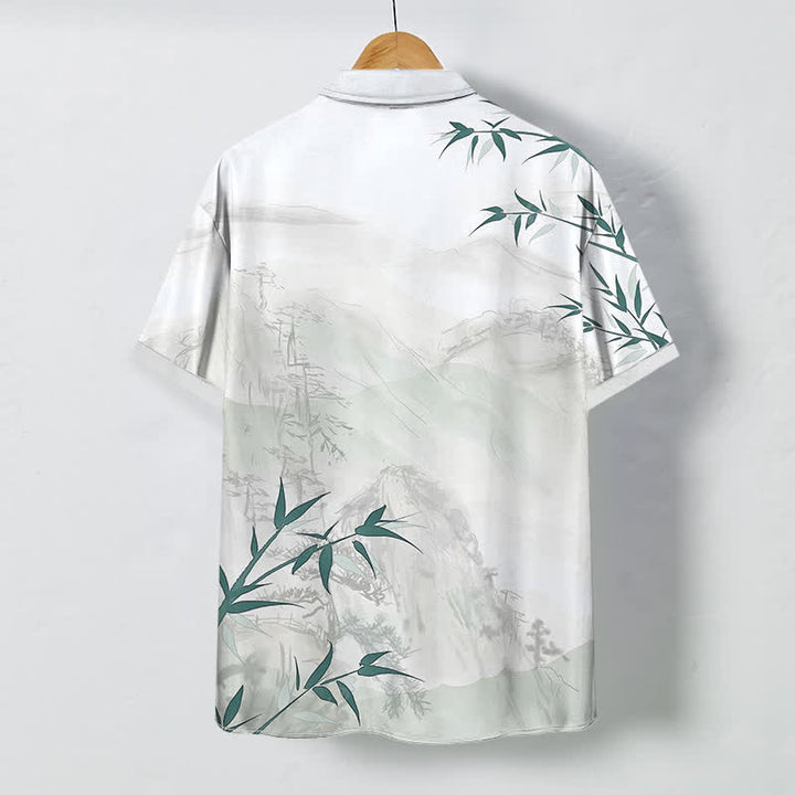 Buddha Stones Camisa transpirable de manga corta para hombre con botones y estampado de bambú y paisaje de tinta - image 1