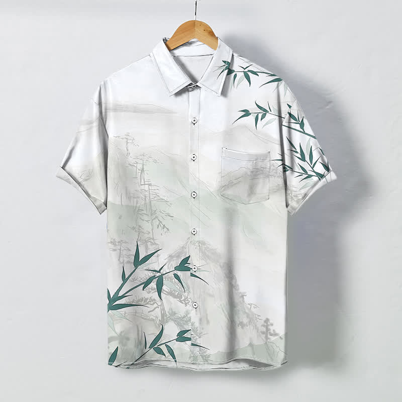 Buddha Stones Camisa transpirable de manga corta para hombre con botones y estampado de bambú y paisaje de tinta - Blanco - US/UK/AU48, UE58 (4XL) - image 0