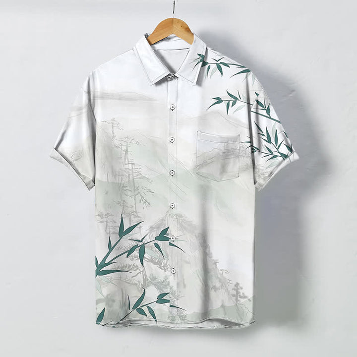 Buddha Stones Camisa transpirable de manga corta para hombre con botones y estampado de bambú y paisaje de tinta - Blanco - US/UK/AU48, UE58 (4XL) - image 0