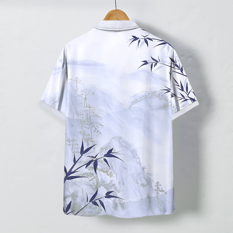 Buddha Stones Camisa transpirable de manga corta para hombre con botones y estampado de bambú y paisaje de tinta - image 4